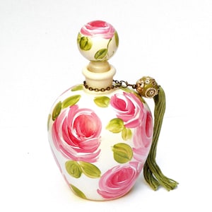 Gift for Her Decorative Large Painted Rose Glass Perfume Bottle Shabby Cottage Chic Powder Room Decor FREE SHIPPING