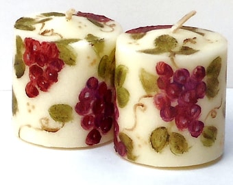 Hand Painted Grapes Mini Little Ivory Votive Candles Italian Tuscan Mediterranean Decor FREE SHIPPING