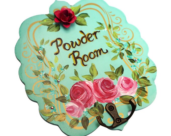 Romantic Roses Powder Room Sign Floral Plaque Shabby Chic Victorian