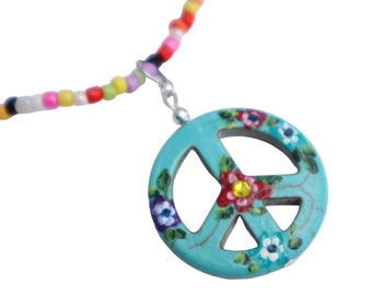 Colorful Adjustable Seed Bead Peace Sign Pendant Necklace with Hand Painted Flowers Crystal Rhinestones Hippie Boho Jewelry FREE SHIPPING