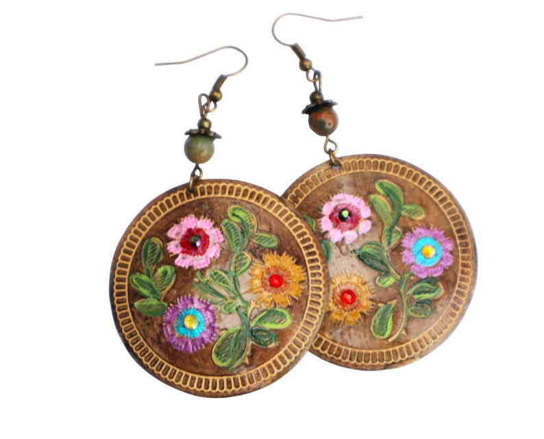 Lightweight Hand Painted Large Round Flower Earrings with Crystal Rhinestones Boho Mexican Indian Jewelry for Women FREE SHIPPING image 1