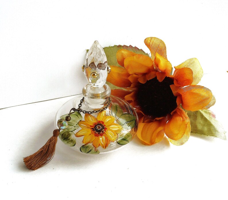 Hand Painted Sunflower Decor Glass Perfume Bottle Boho Etsy