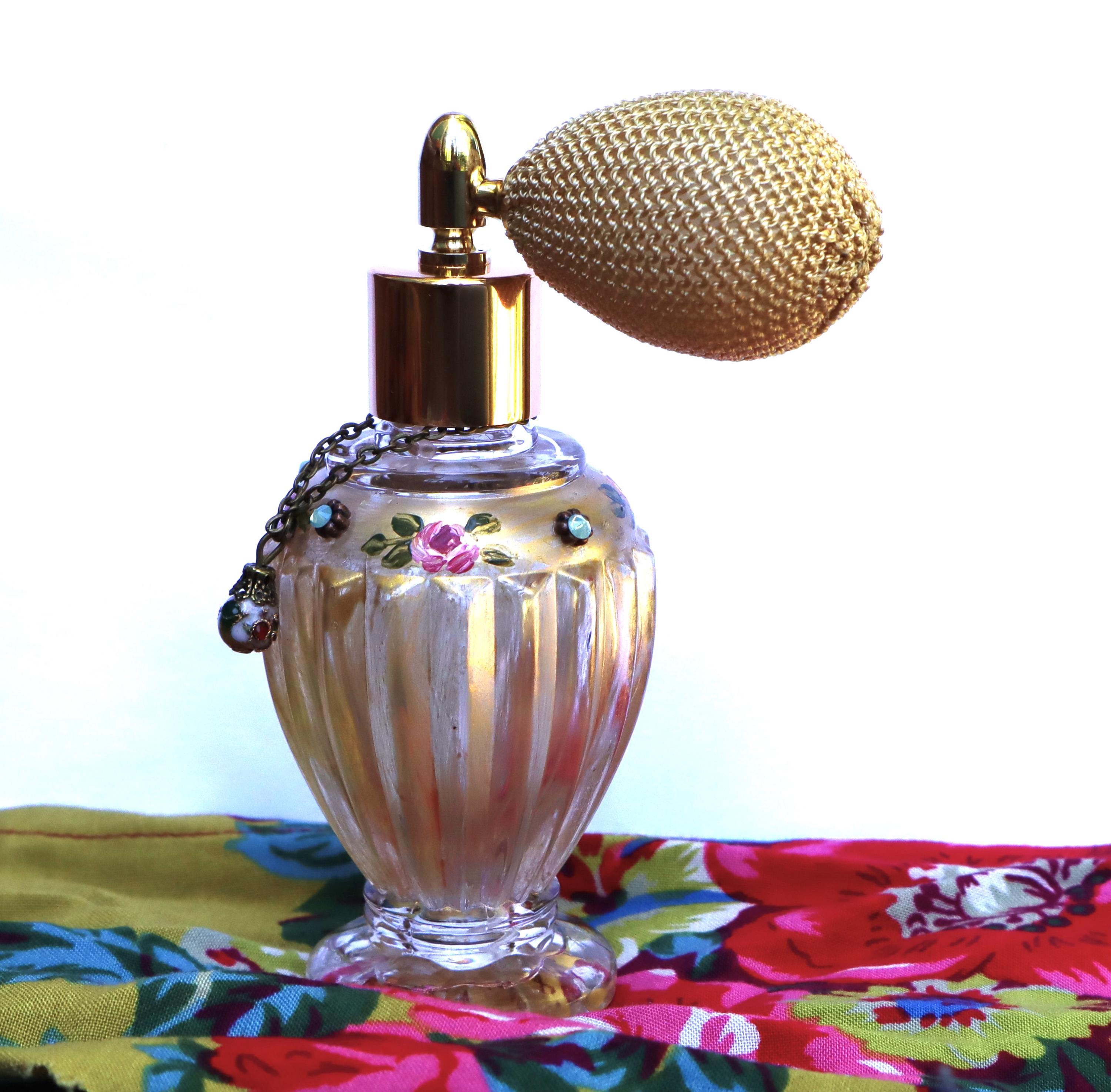 Vintage Style Gold Perfume Bottle Atomizer, Hand-painted Pink
