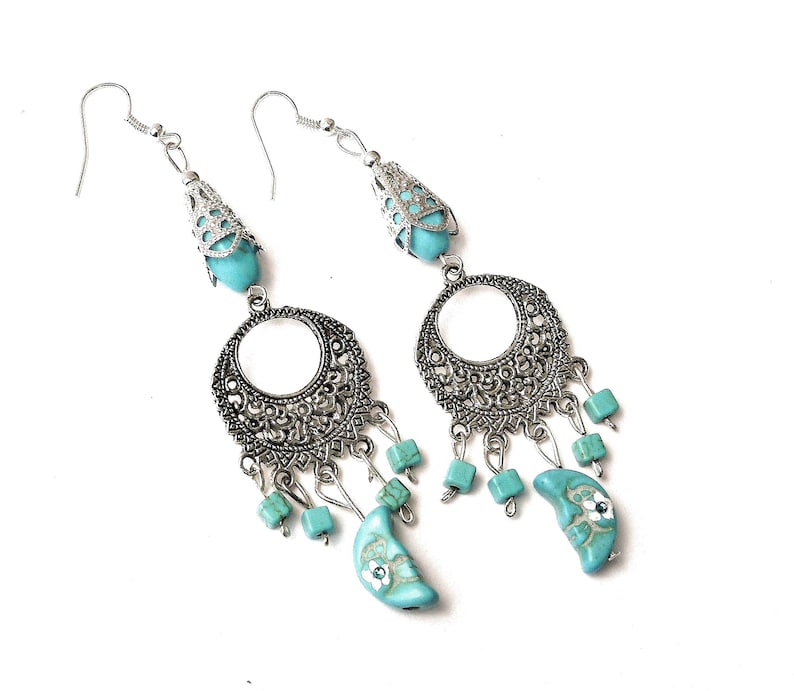 Dangling Silver and Turquoise Moon Dangle Earrings Celestial Bohemian Jewelry FREE SHIPPING