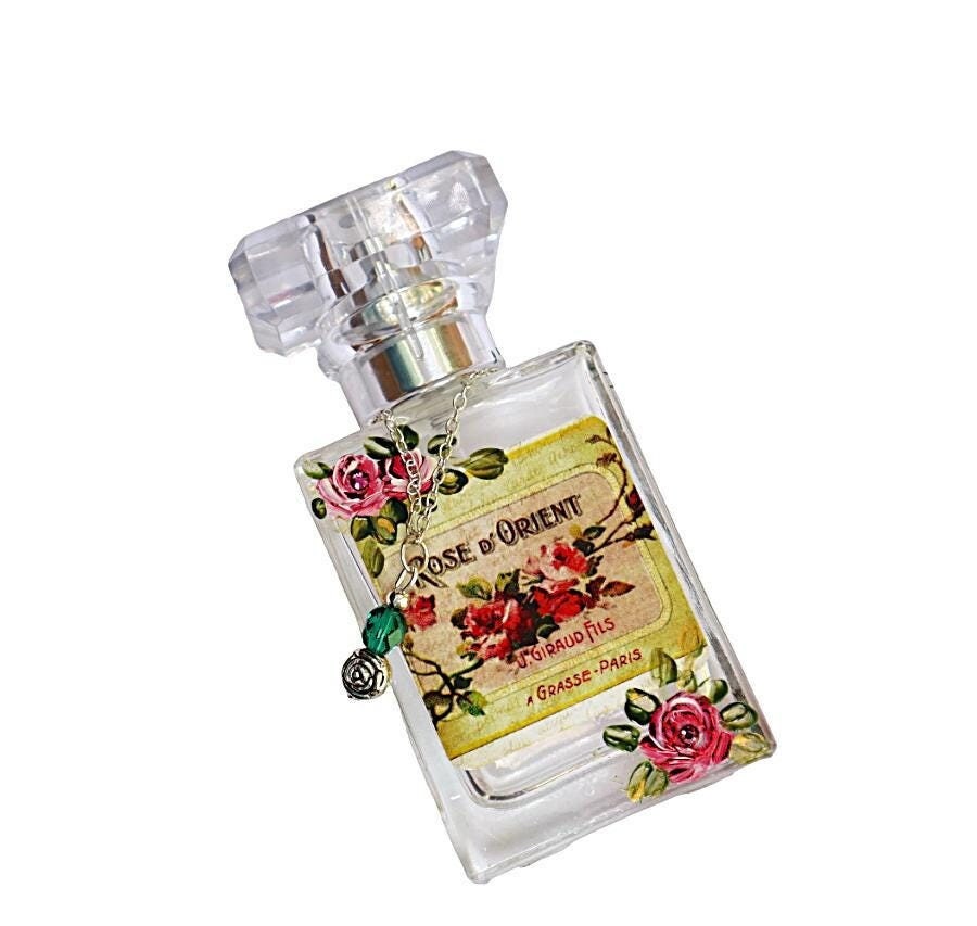 Vintage French Perfume Label Glass Spray Bottle Hand Painted Roses Romantic Victorian Powder Room Vanity Decor Gift for Women FREE SHIPPING
