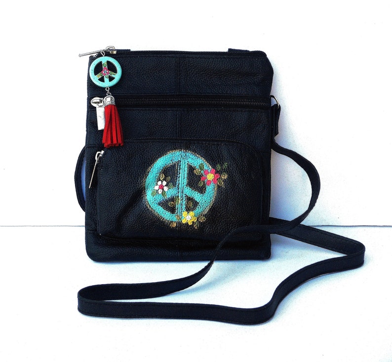 Hand Painted Peace Sign Black Leather Boho Crossbody Bag Etsy