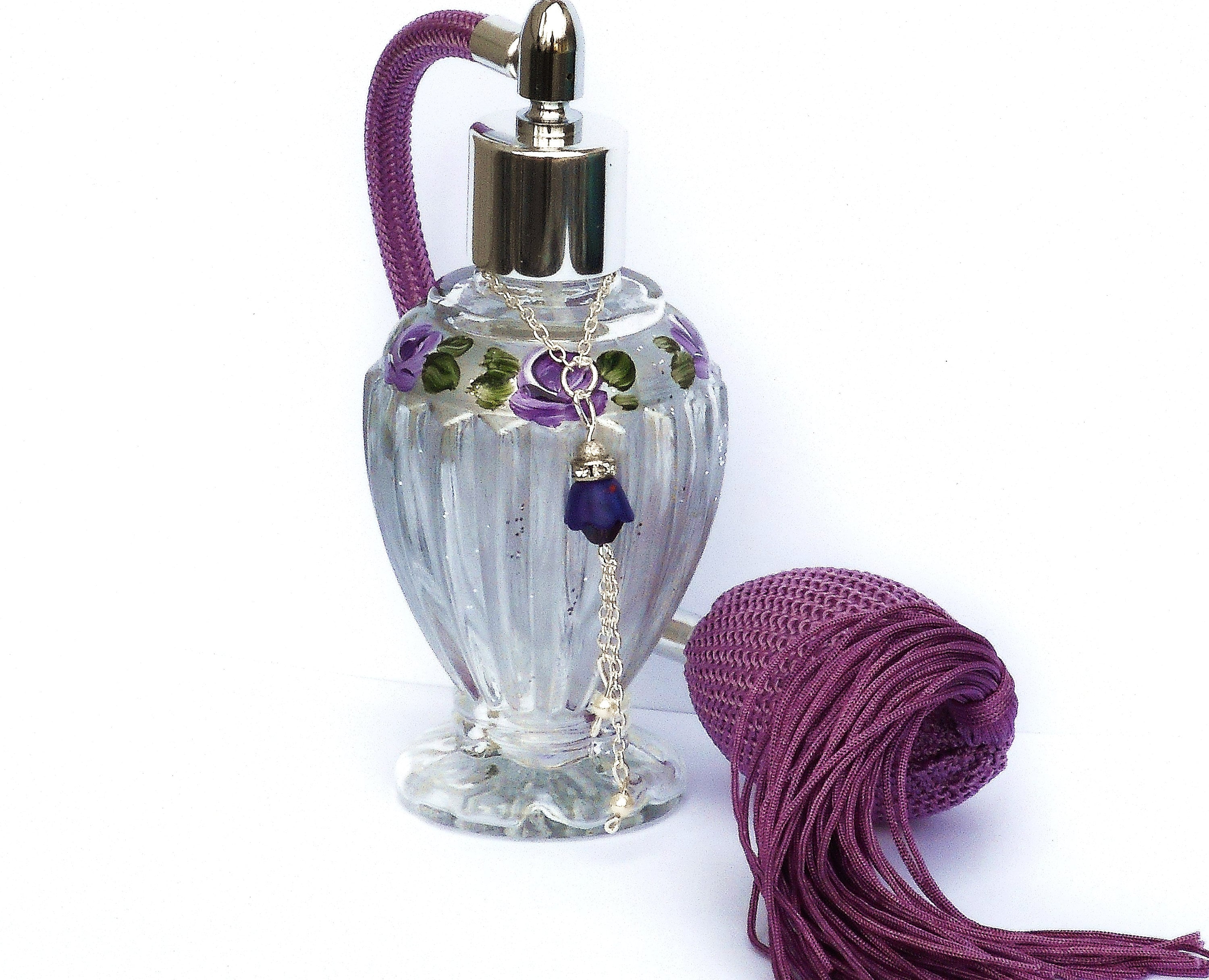 Vintage Silver Glass Perfume Atomizer Bottle, Hand-painted