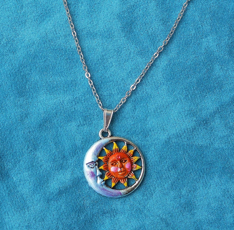 Small Silver Sun and Moon Pendant Necklace Hand Painted Accents Sun ...