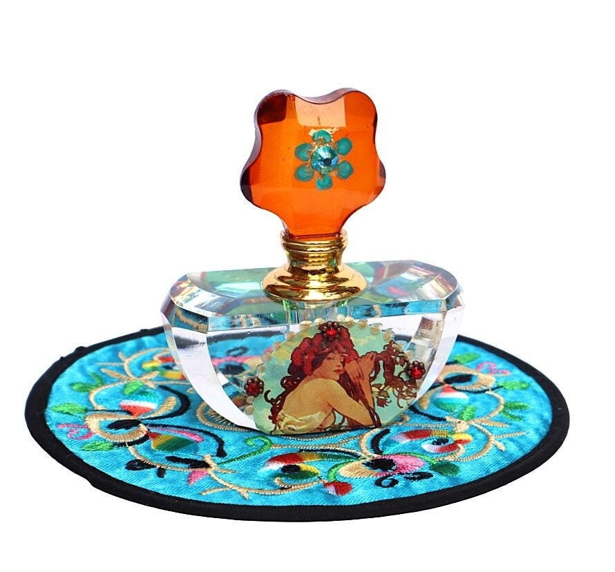 Romantic Alphonse Mucha Art Glass Perfume Bottle with Dauber Stick Art Nouveau Victorian Bohemian Vanity Table Bedroom Decor FREE SHIPPING