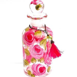 Vintage Style Glass Apothecary Jar Romantic Perfume Bottle Hand Painted Pink Roses Pretty Powder Room Bedroom Vanity Bottles Gift for Her