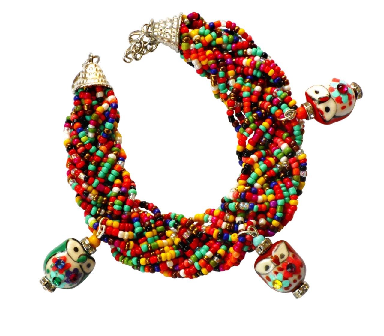 Ceramic Owl Charm Bracelet, Thick Beaded Cuff, Hand Painted Accents, Colorful Boho Jewelry
