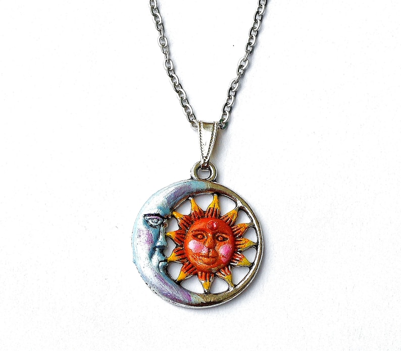 Small Silver Sun and Moon Pendant Necklace Hand Painted Accents Sun ...