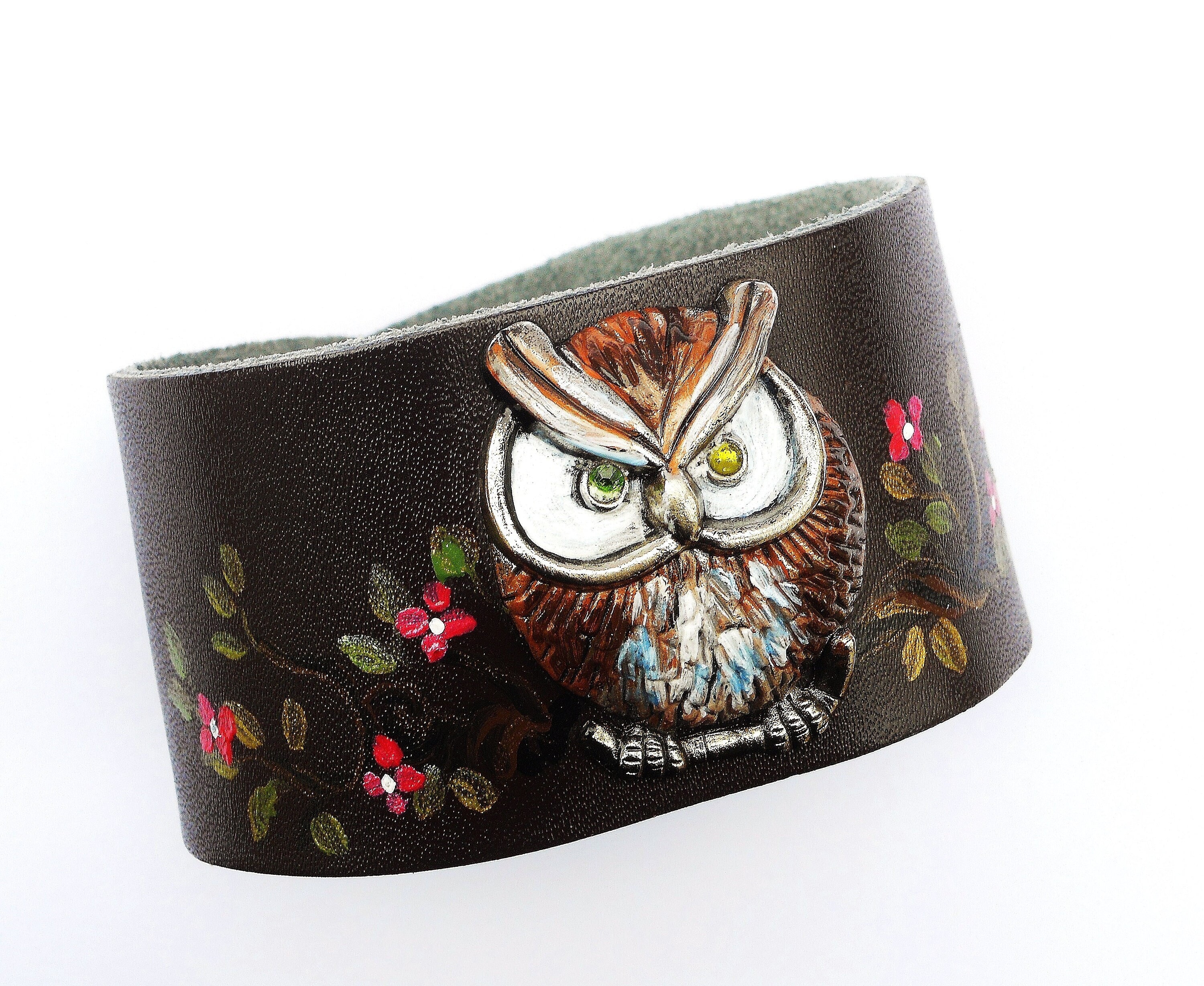 Hand-Painted Owl Leather Cuff Bracelet: Whimsical Boho Jewelry
