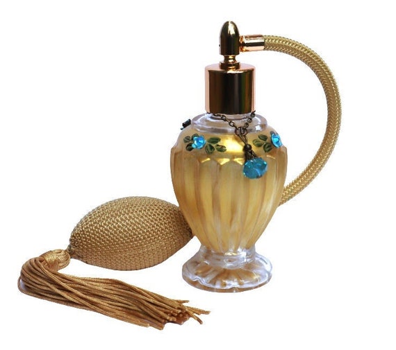 Vintage Style Gold Glass Perfume Bottle: Painted Blue Roses Floral