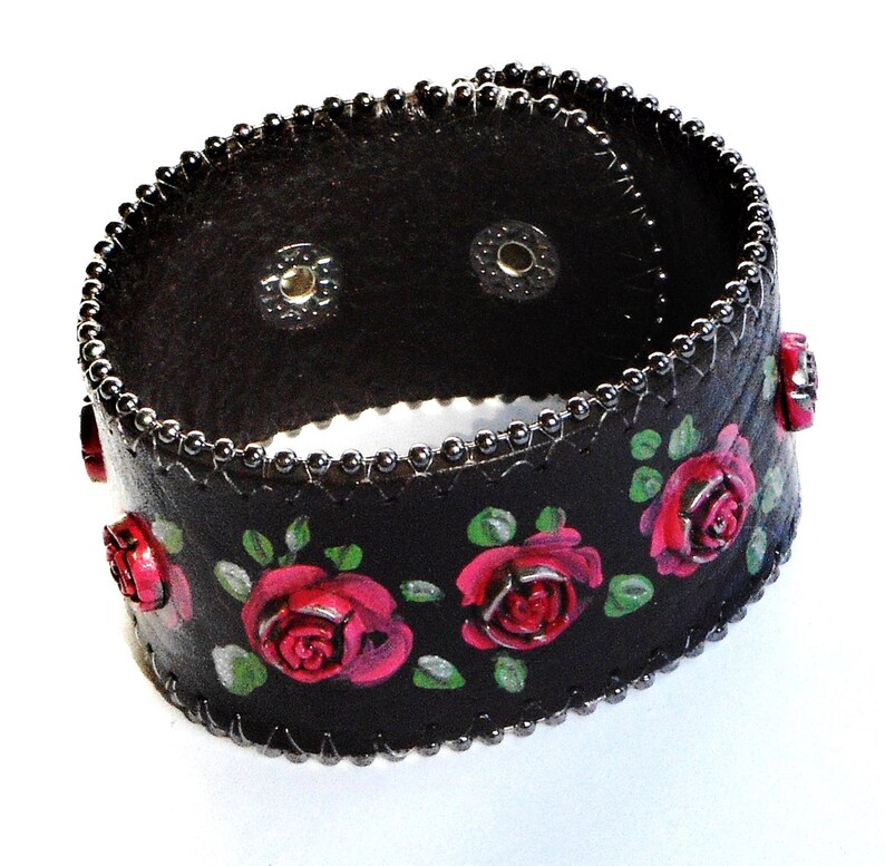 Painted Red Rose Black Leather Boho Cuff Bracelet Bohemian - Etsy