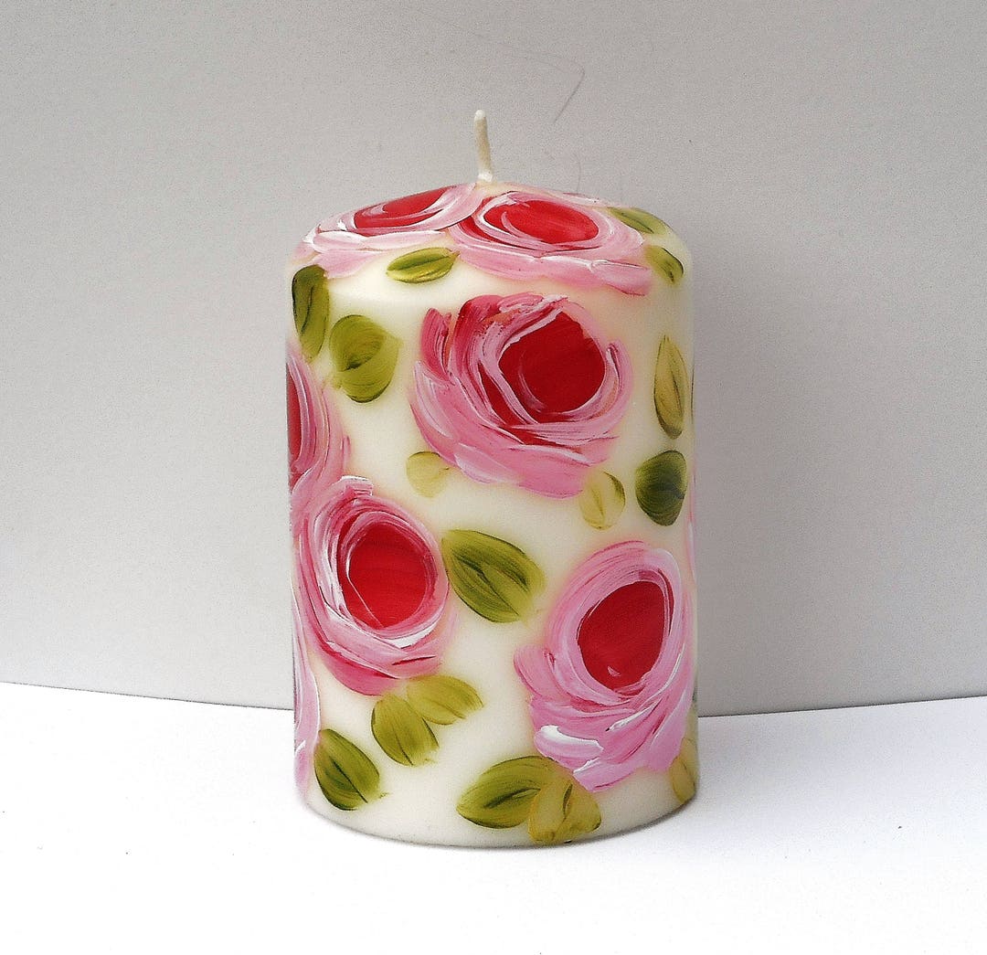 Ivory Pillar Candle With Hand Painted Pink Roses Romantic - Etsy