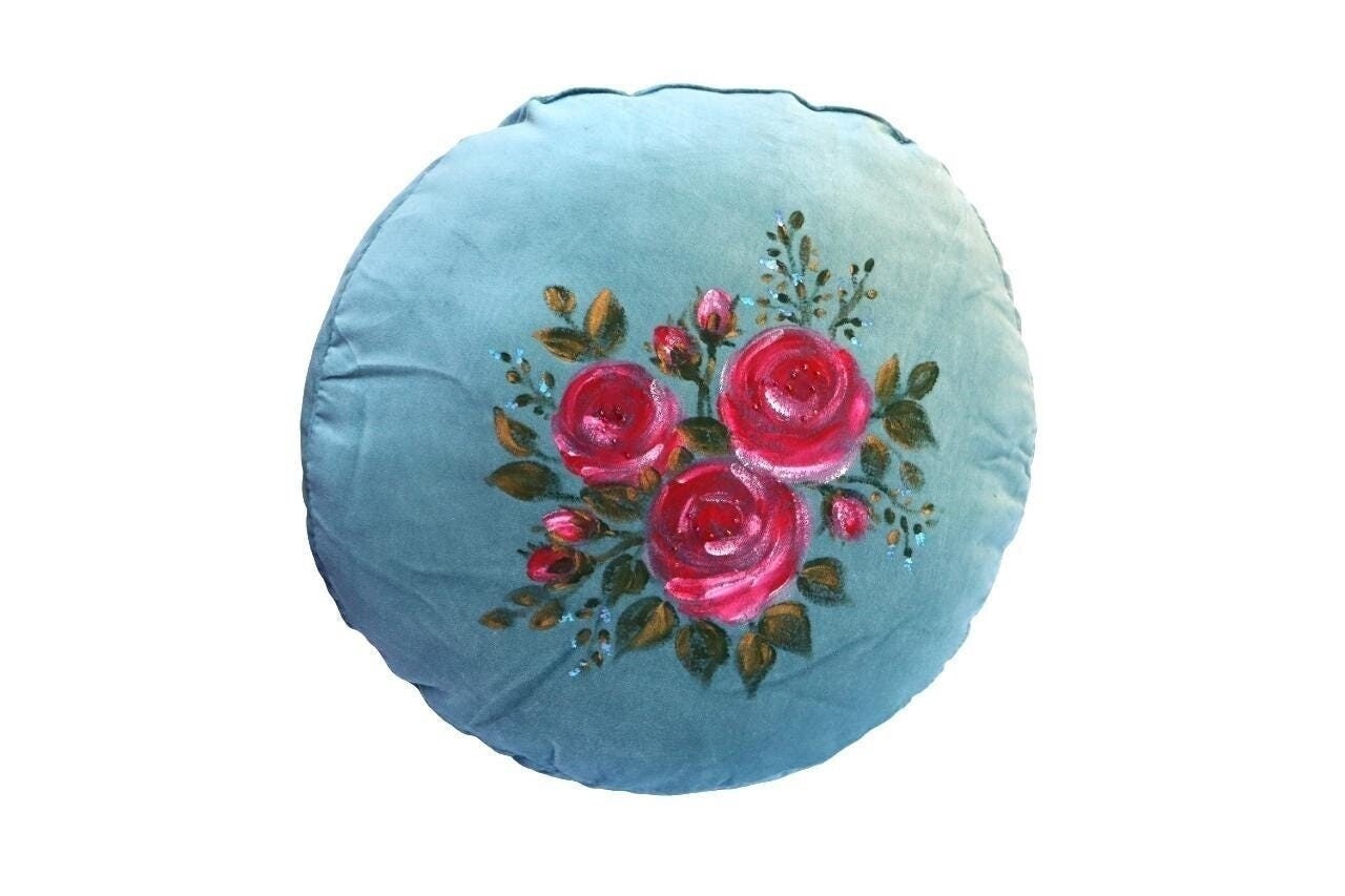 Hand Painted Large Round Soft Blue Velvet Throw Pillow with Beaded Pink Roses Rosebuds Romantic Floral Couch Cushion Decor FREE SHIPPING