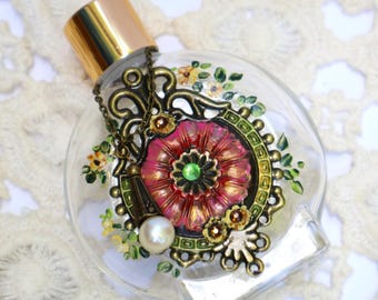 Vintage Art Nouveau Perfume Bottle: Hand-painted Floral, Pearl