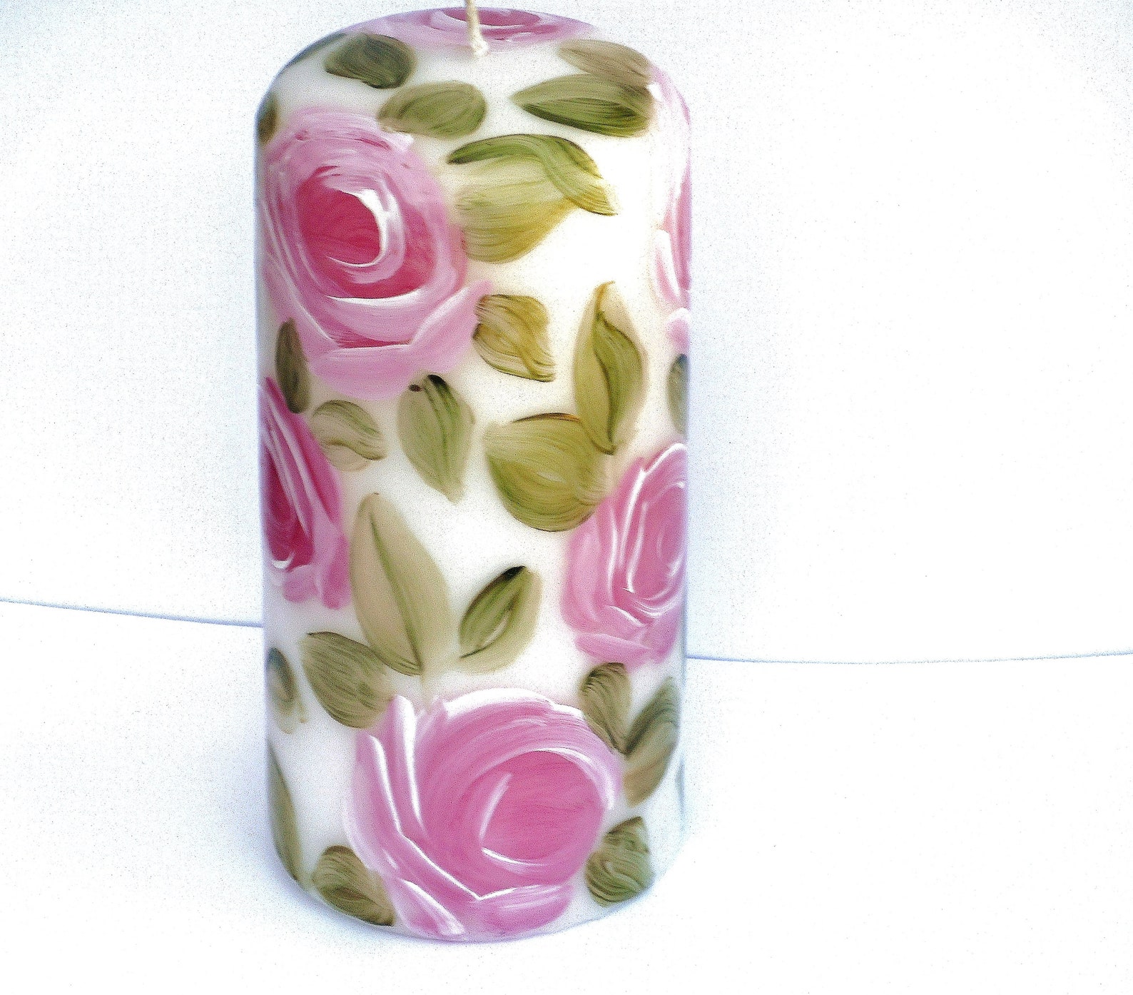 Painted Decorated Pillar Candle With Pale Pink Roses Romantic Shabby ...