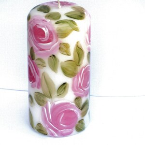 Painted Decorated Pillar Candle With Pale Pink Roses Romantic Shabby ...