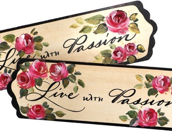 Hand Painted Roses Wood Sign: Decorative Shabby Chic Floral Wall Decor