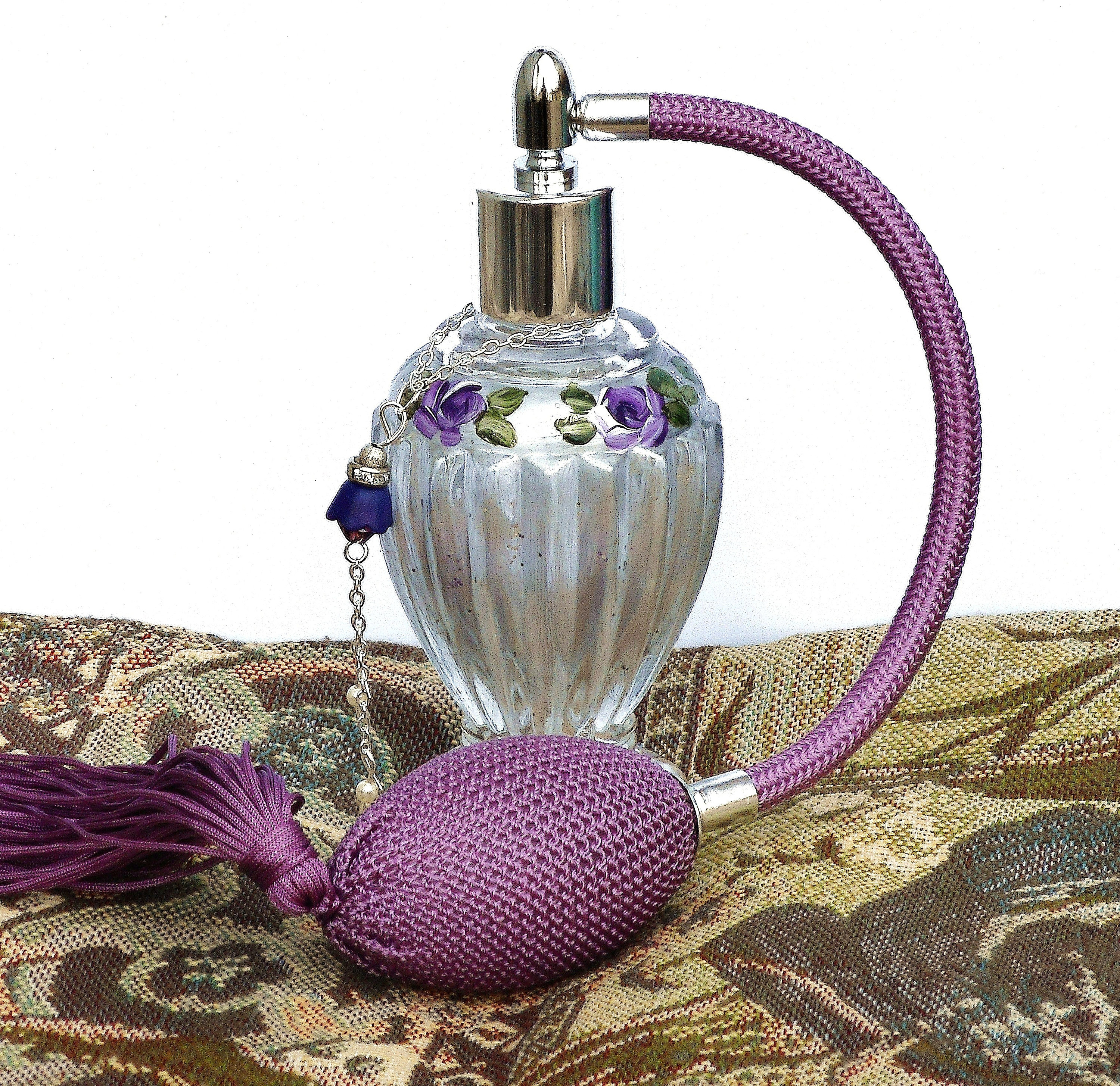 Vintage Silver Glass Perfume Atomizer Bottle, Hand-painted