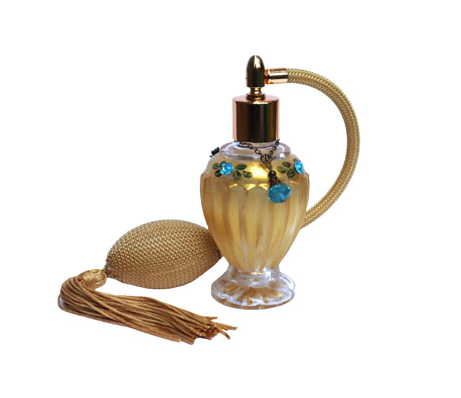 アイル・オブ・ワイトグラス Vintage 金彩吹き パフューム ボトル Vintage Style Gold Glass Perfume Bottle: Painted Blue Roses Floral
