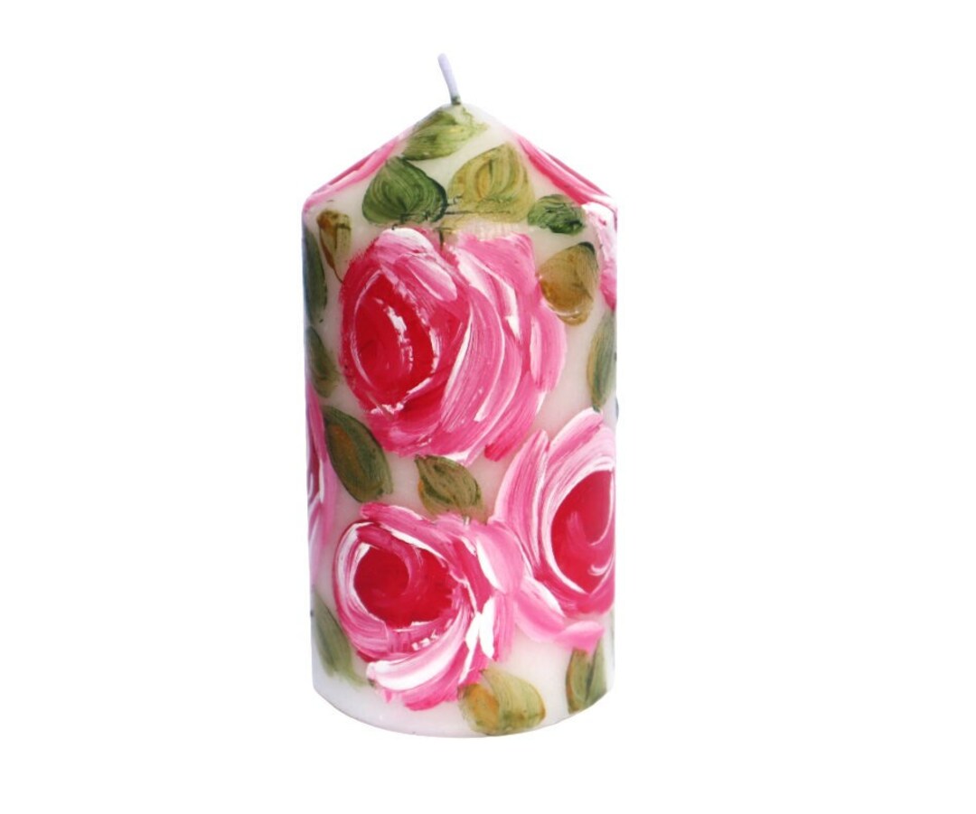 Hand Painted Pink Roses Pillar Candle: Shabby Chic Floral Decor - Etsy