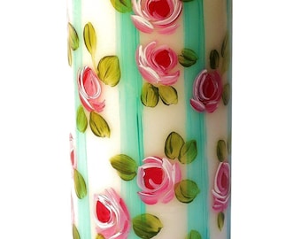 Large Hand Painted Pillar Candle: Pink Roses, Turquoise Blue Stripes, Shabby Chic Decor