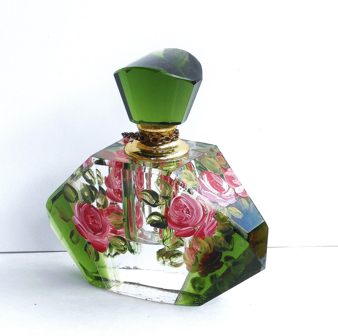 Emerald Green Glass Perfume Bottle with Hand Painted Pink Etsy