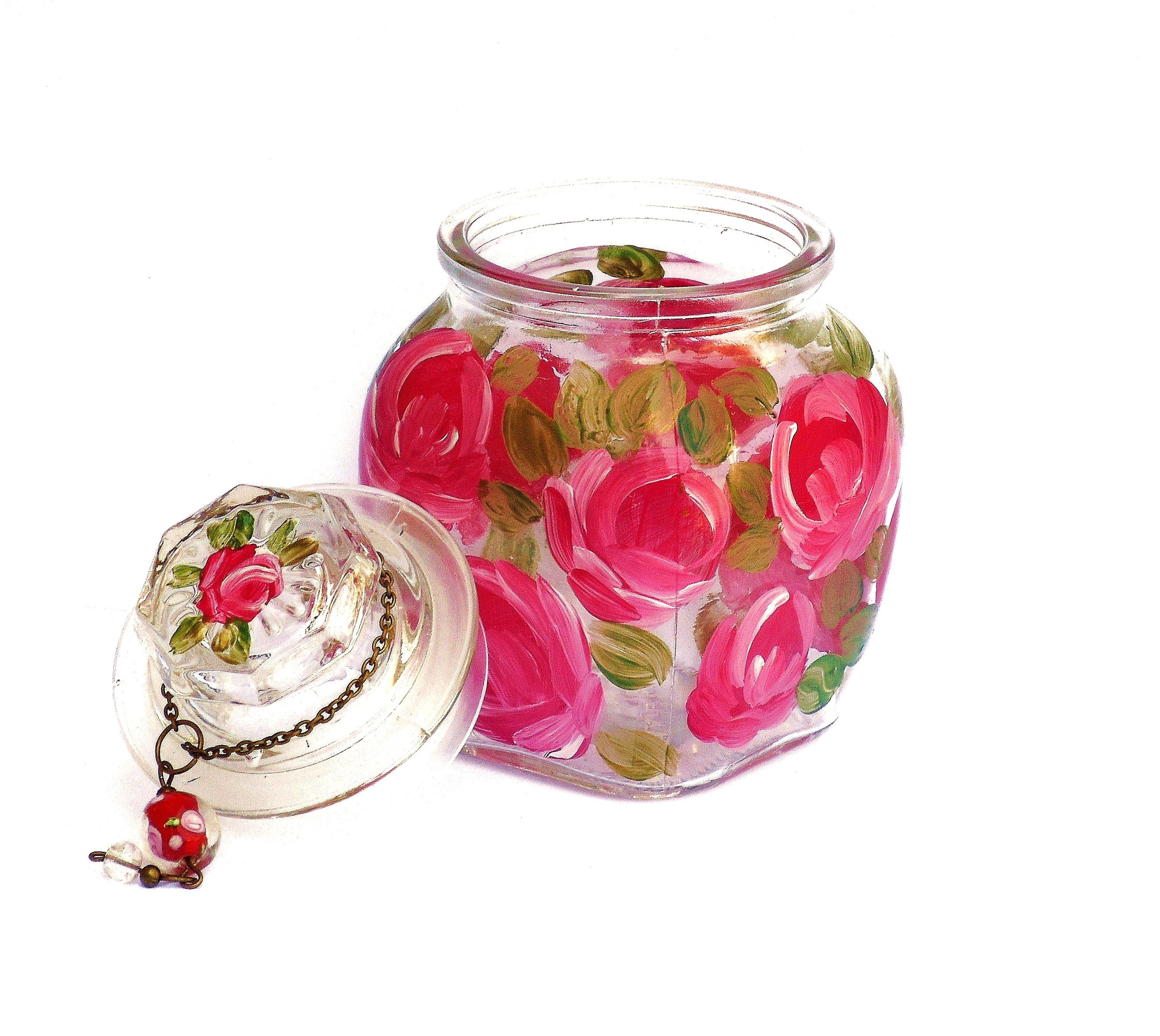 Hand Painted Pink Roses Glass Jar With Lid Shabby Chic Etsy