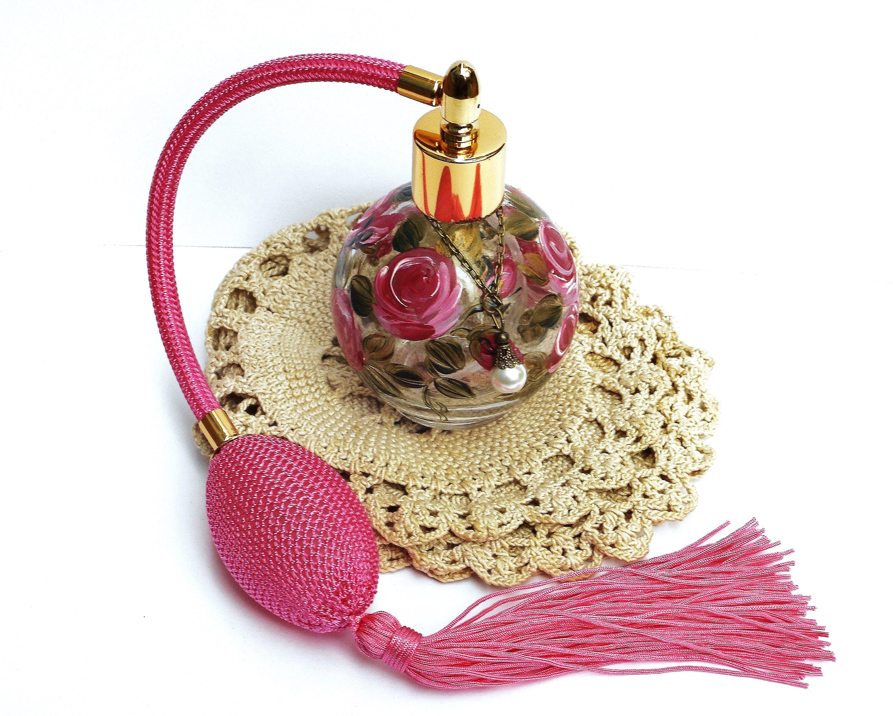 Vintage Style Pink Roses Glass Perfume Atomizer: Hand Painted Florals ...
