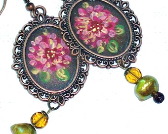 Painted Flower Dangle Earrings Boho Romantic Floral Victorian Jewelry FREE SHIPPING