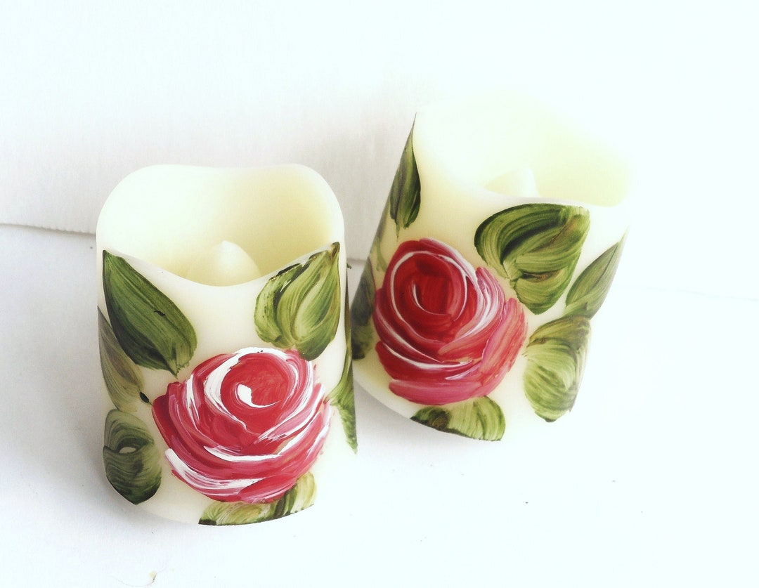 Small Battery Operated Flameless Painted Rose Votive Candles Shabby ...
