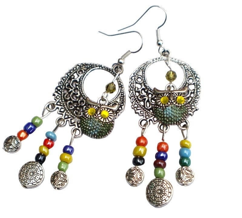 Whimsical Dangling Silver Owl Dangle Beads Earrings with Hand Painted Accents Crystal Rhinestones Cu