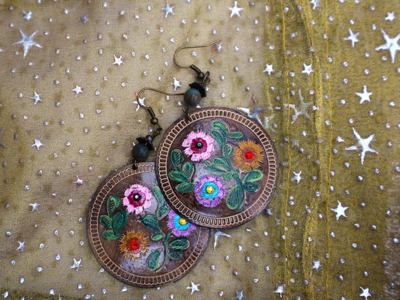 Lightweight Hand Painted Large Round Flower Earrings with Crystal Rhinestones Boho Mexican Indian Jewelry for Women FREE SHIPPING image 6