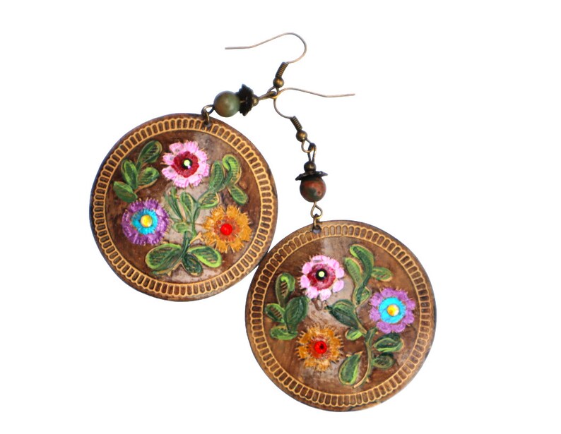 Lightweight Hand Painted Large Round Flower Earrings with Crystal Rhinestones Boho Mexican Indian Jewelry for Women FREE SHIPPING image 2