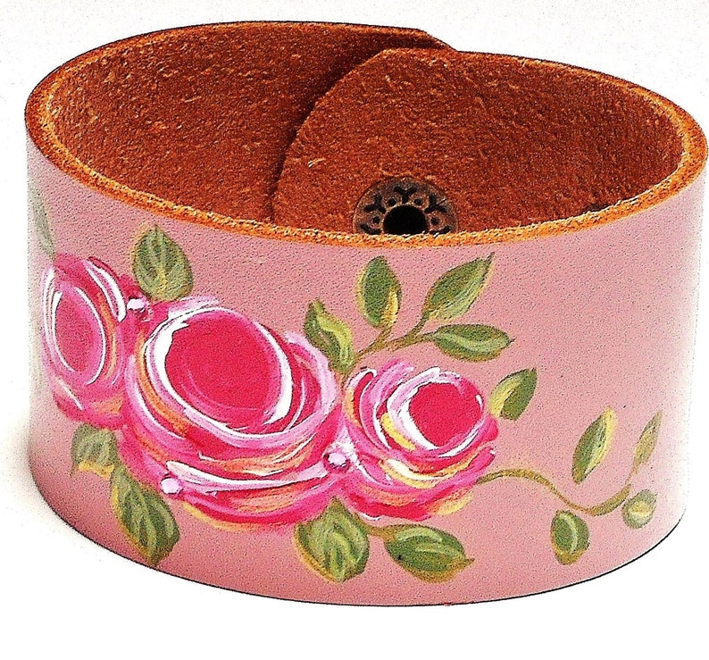Painted Pink Rose Leather Cuff Bracelet Romantic Boho Etsy