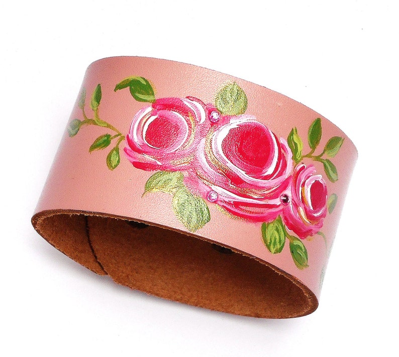 Painted Pink Rose Leather Cuff Bracelet Romantic Boho Etsy