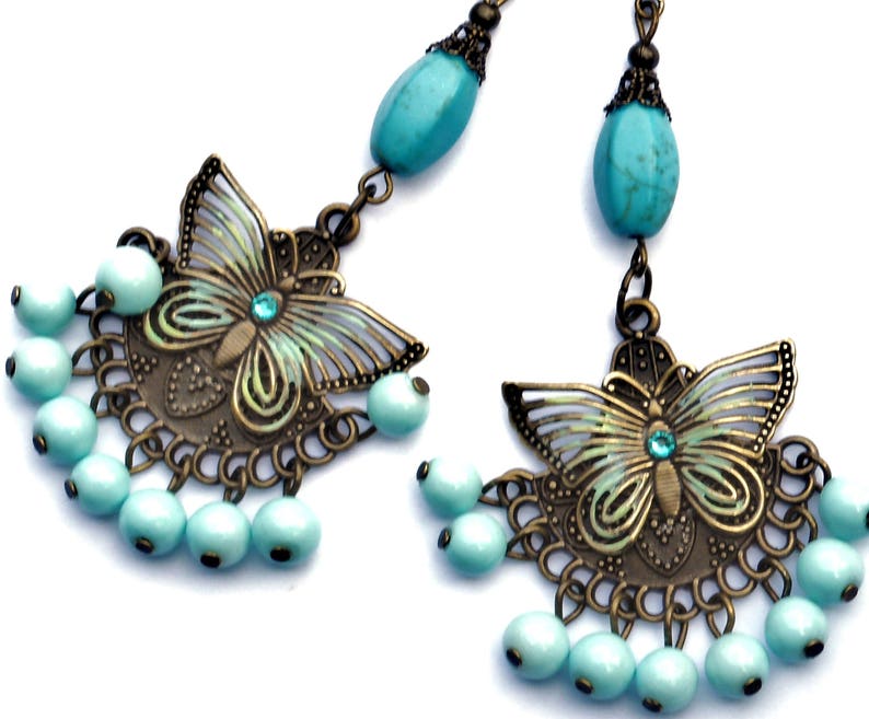 Turquoise Blue Butterfly Boho Dangle Bead Earrings Funky Hippie Jewelry FREE SHIPPING image 3