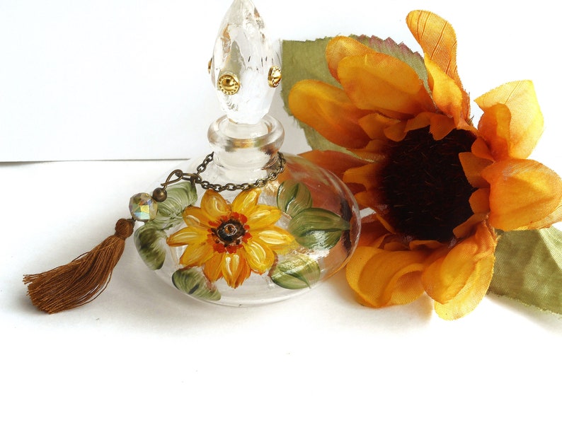 Hand Painted Sunflower Decor Glass Perfume Bottle Boho Etsy