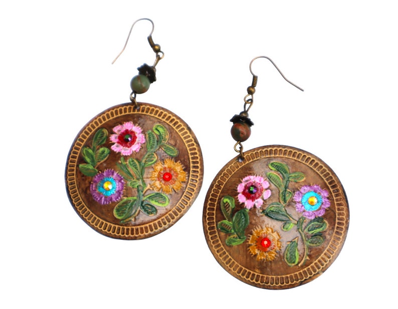 Lightweight Hand Painted Large Round Flower Earrings with Crystal Rhinestones Boho Mexican Indian Jewelry for Women FREE SHIPPING image 4