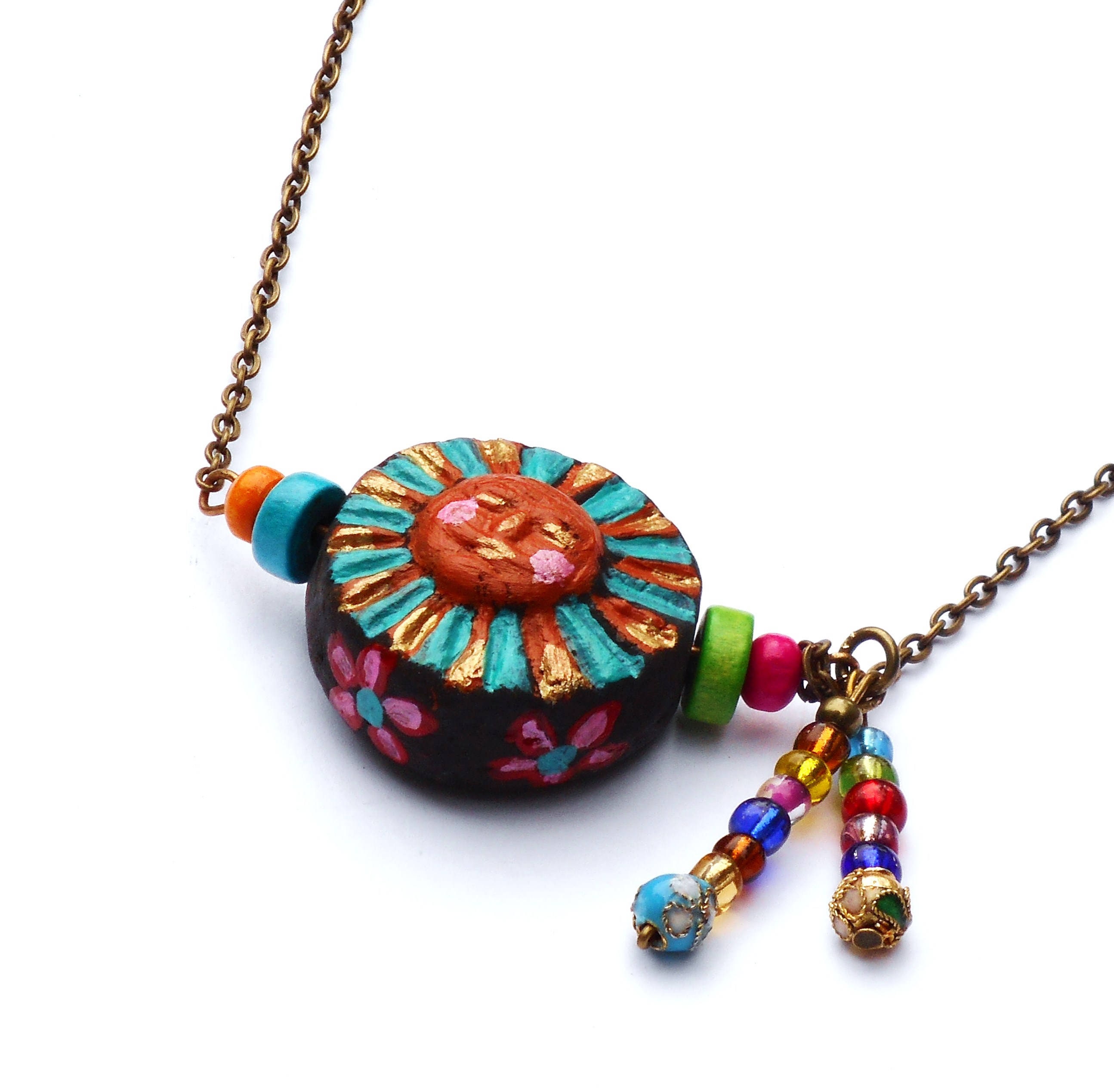 Hippie Sun Pendant Necklace Painted 