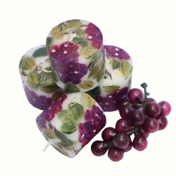 Choose Your Set Decorative Hand Painted Grapes Mini Little White Votive Candles Italian Tuscan Mediterranean Decor FREE SHIPPING