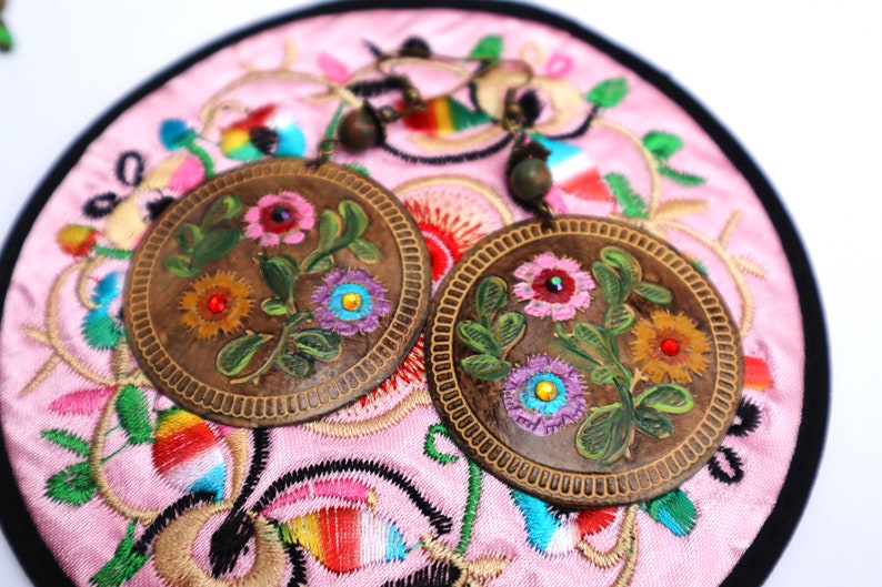 Lightweight Hand Painted Large Round Flower Earrings with Crystal Rhinestones Boho Mexican Indian Jewelry for Women FREE SHIPPING image 5