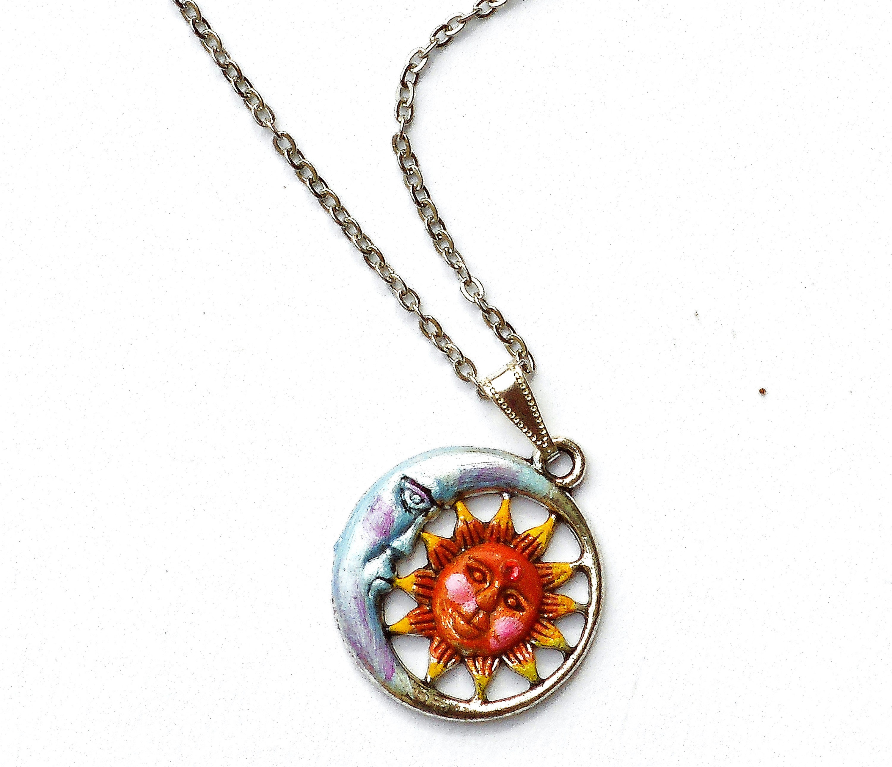 Small Silver Sun and Moon Pendant Necklace Hand Painted Accents Sun ...