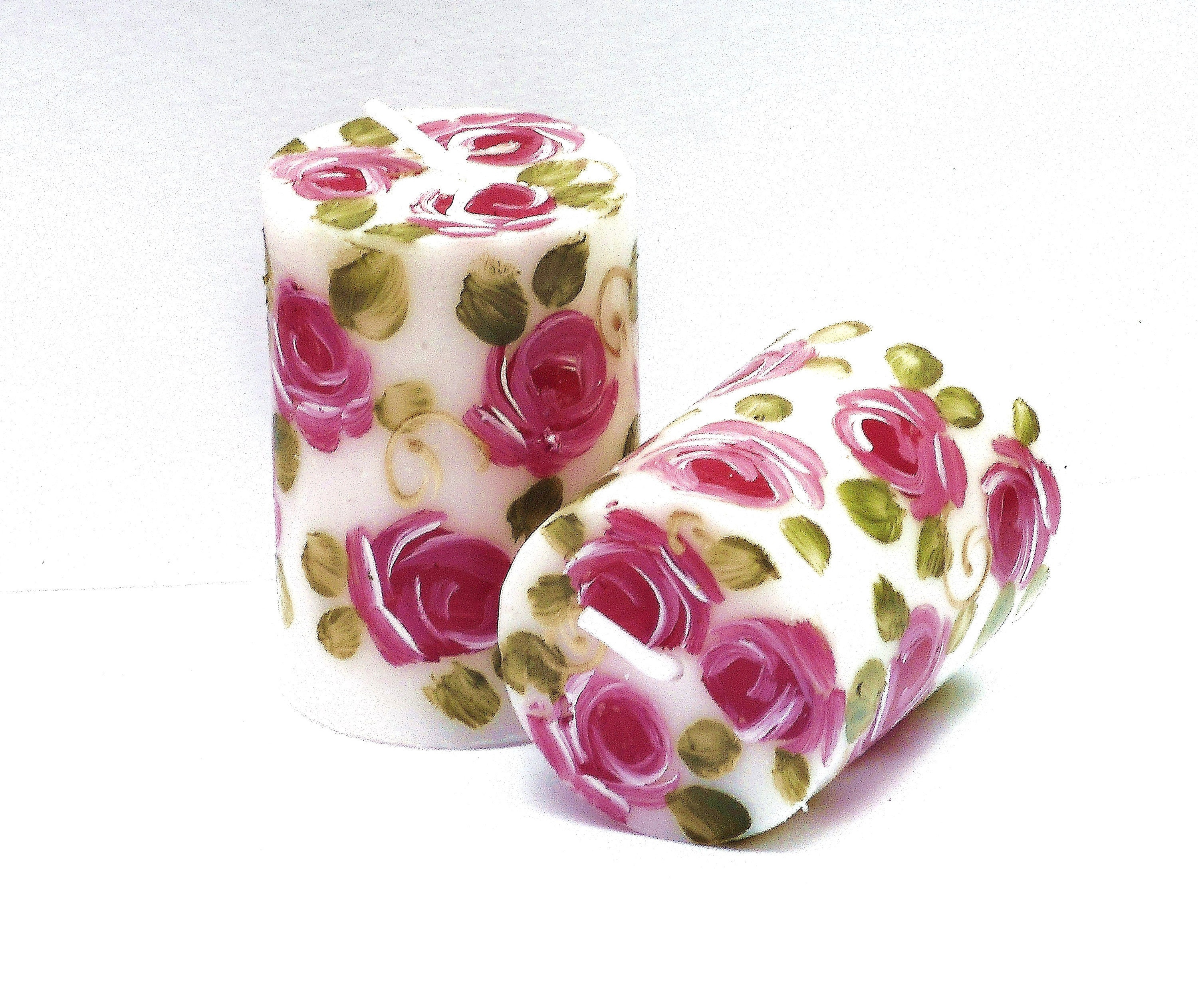 Decorative Hand Painted Pink Rose Votive Candles Set Romantic | Etsy