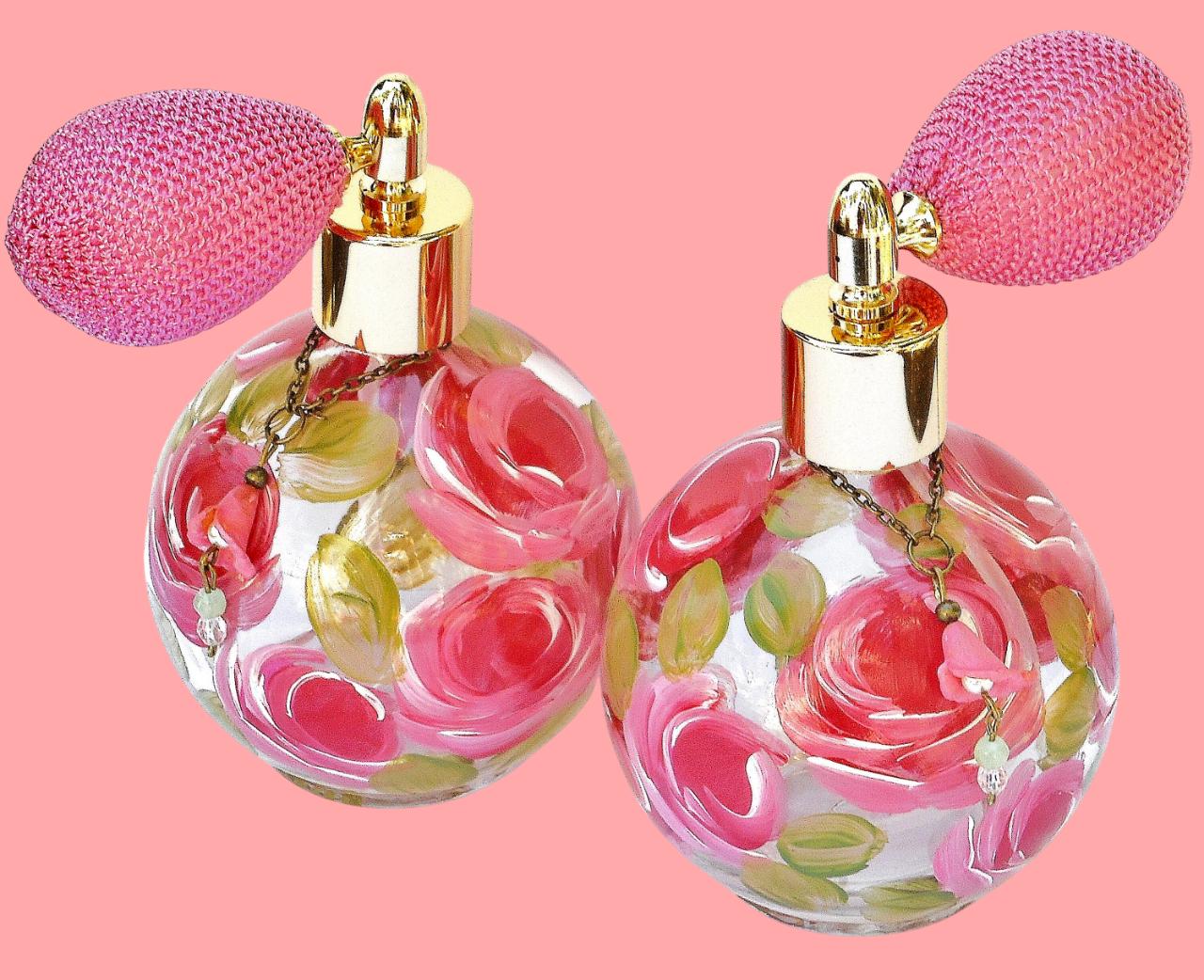 大きな丸型ガラス製香水アトマイザーボトル：ピンクのバラが描かれた