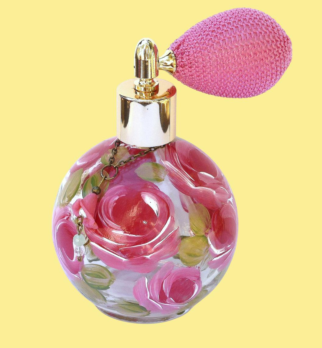 Large Round Glass Perfume Atomizer Bottle: Painted Pink Roses