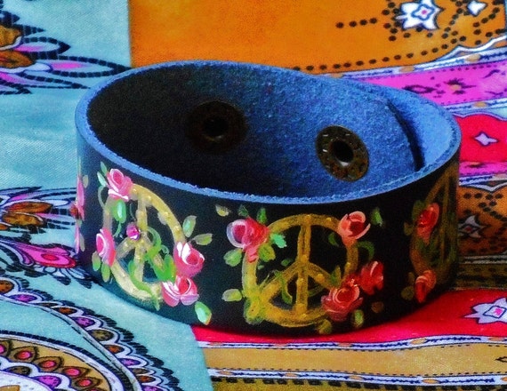 Hand Painted Roses and Peace Signs Adjustable Black Leather Cuff Bracelet Bohemian Jewelry for Women Teen Girls 